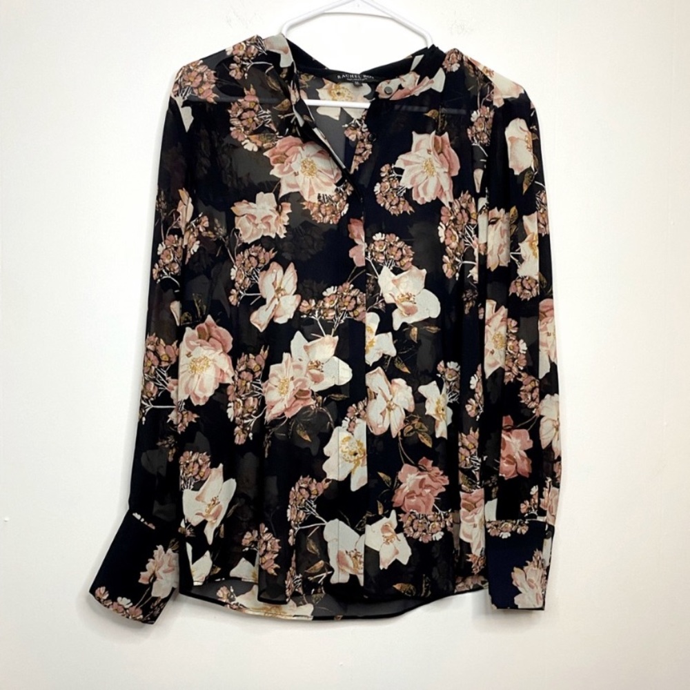 RACHEL ROY COLLECTION Floral Print Sheer Long Sleeve Button Down Blouse Top